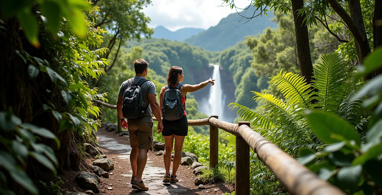 Sentier pédestre tropical menant à la cascade Langevin à La Réunion
