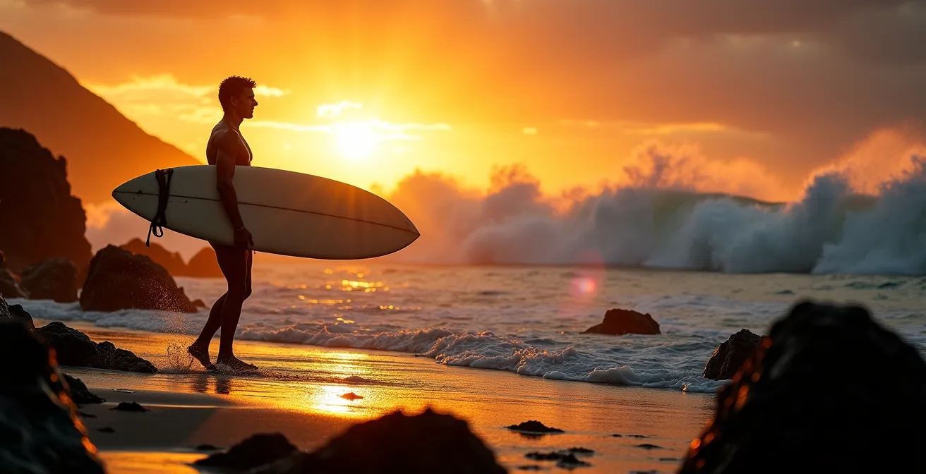 Surfeur au coucher du soleil sur le spot de Saint-Leu avec montagne en arrière-plan