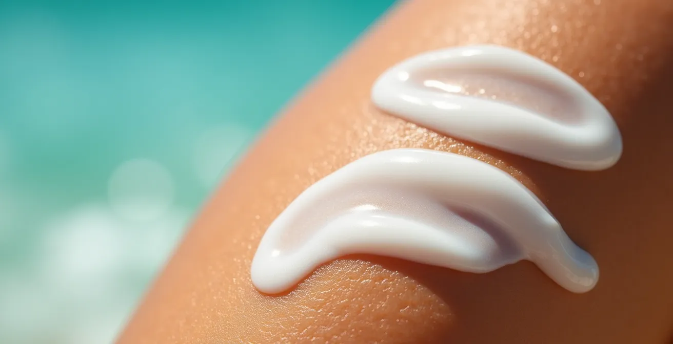 Main appliquant de la crème solaire minérale blanche sur une peau bronzée avec océan flou en arrière-plan