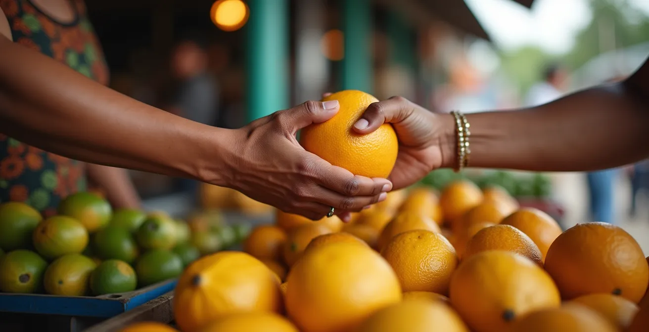 Un métropolitain apprenant le créole avec des vendeurs locaux dans un marché traditionnel