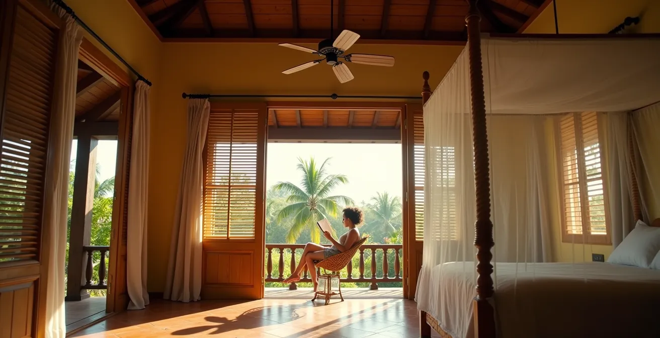 Maison créole avec varangue et brasseurs d'air sous climat tropical