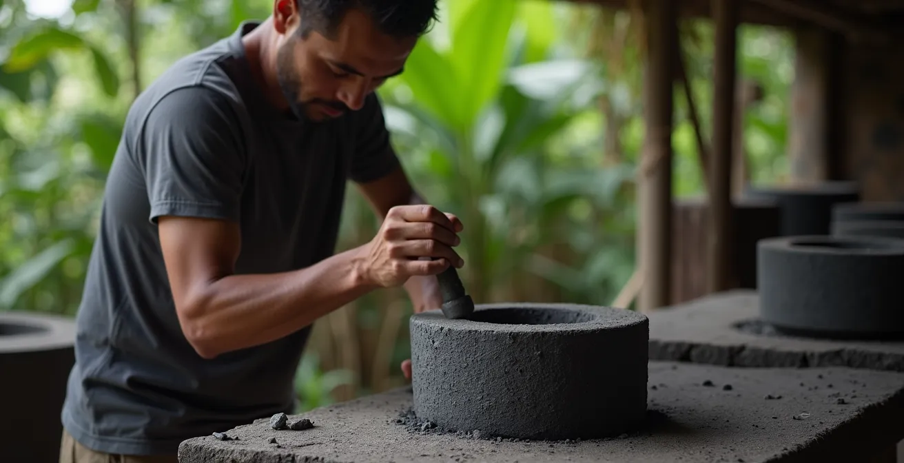 Artisan réunionnais sculptant un pilon dans de la pierre de lave basaltique noire