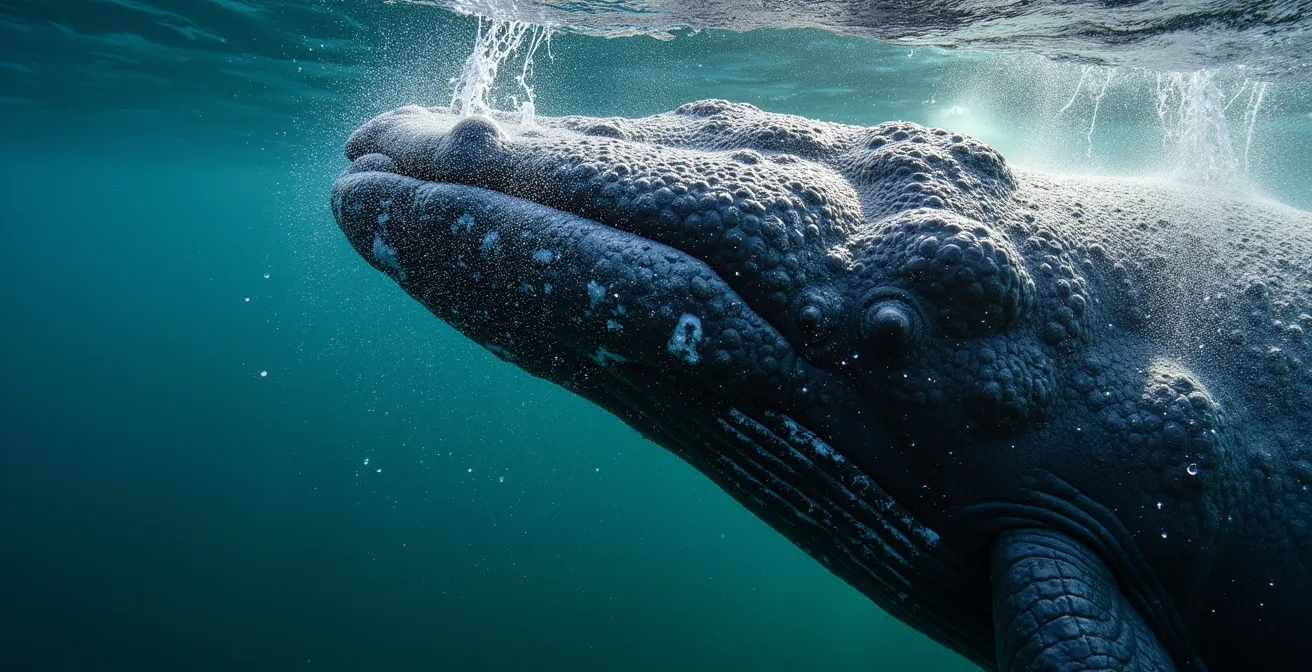 Baleine à bosse effectuant un saut spectaculaire près des côtes de La Réunion avec le Piton de la Fournaise en arrière-plan