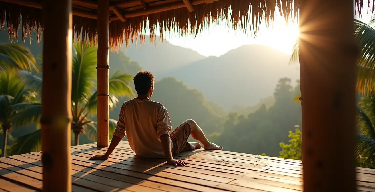 Bungalow sur pilotis en bois dans un environnement tropical