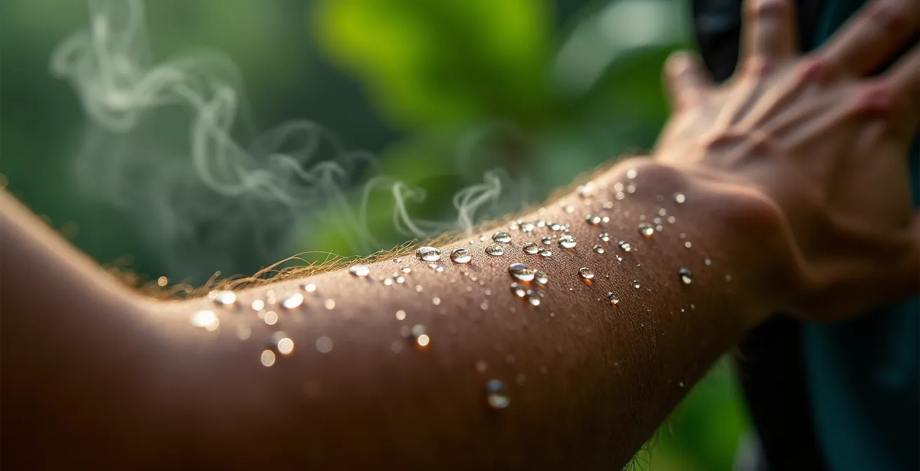 Randonneur buvant de l'eau avec gourde et système d'hydratation dans un environnement tropical humide