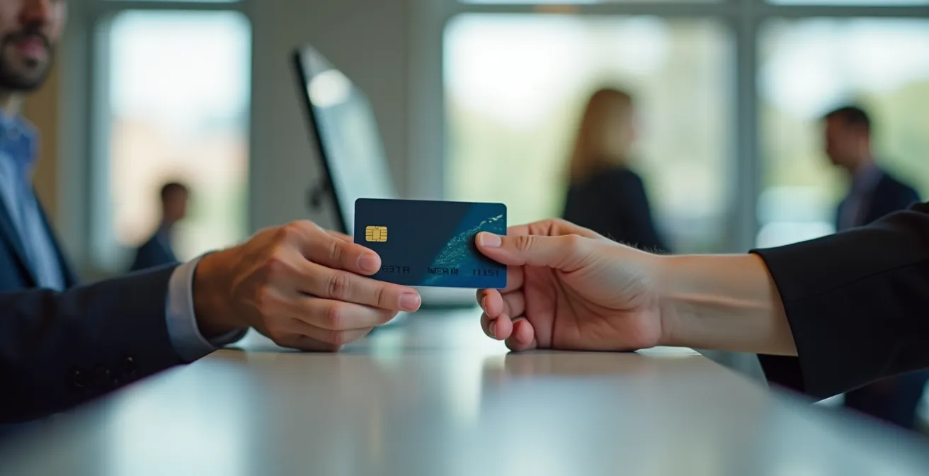 Main tenant une carte bancaire devant un comptoir de location de voiture