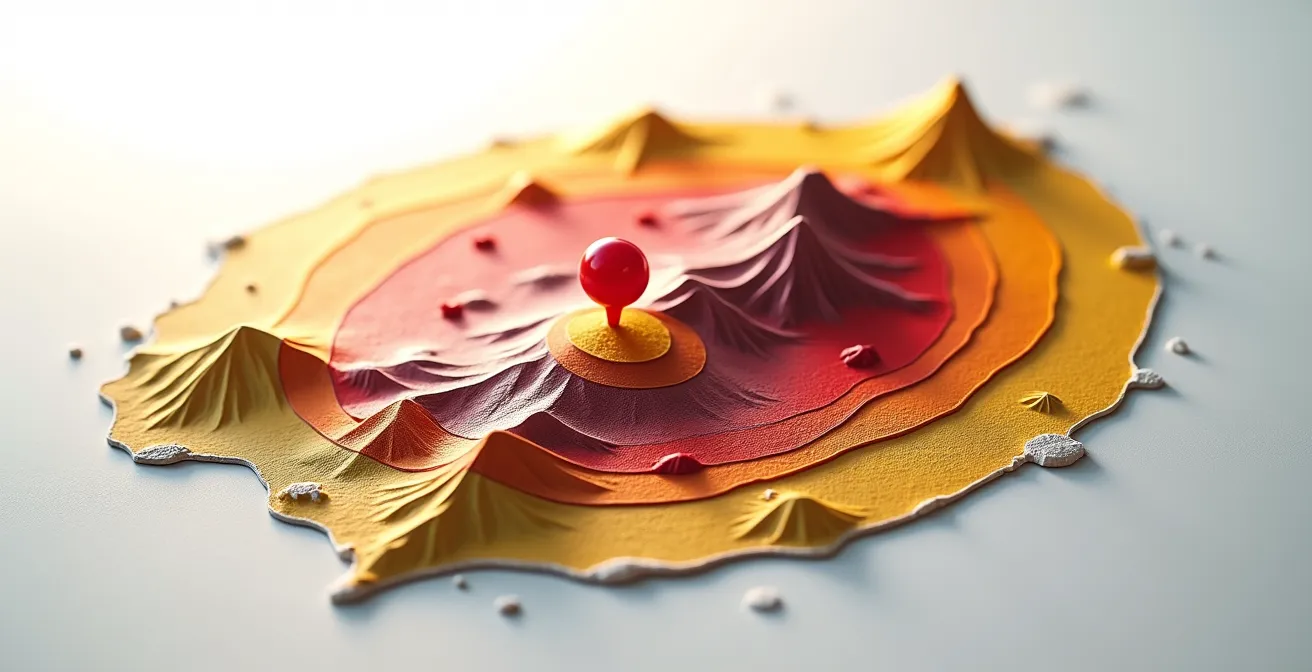 Carte de La Réunion montrant les temps de trajet depuis Saint-Gilles avec cercles concentriques