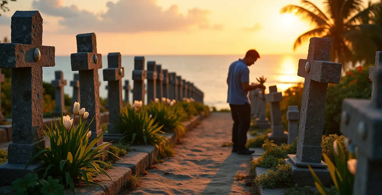 Vue atmosphérique du cimetière marin de Saint-Paul avec ses tombes anciennes face à l'océan Indien