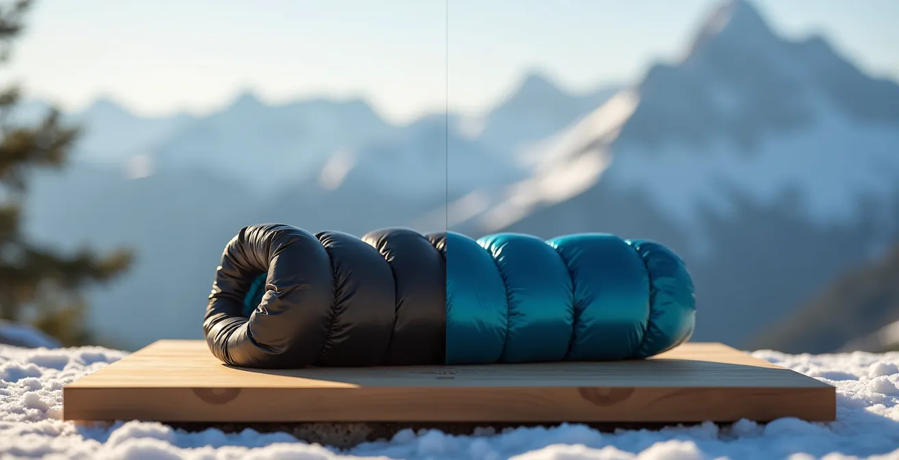 Comparaison visuelle entre un duvet compact et un drap de sac en soie sur fond de paysage montagneux