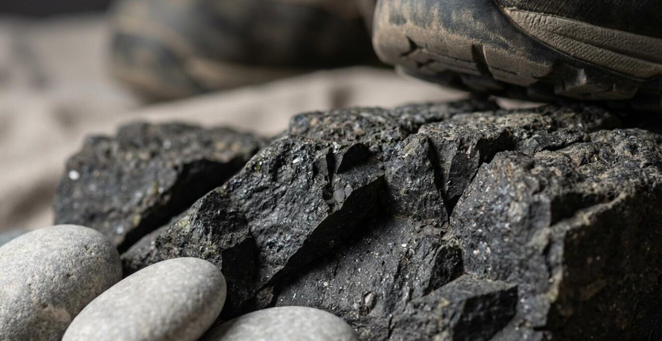 Détail macro de la roche basaltique fracturée des sentiers de La Réunion montrant les angles vifs caractéristiques