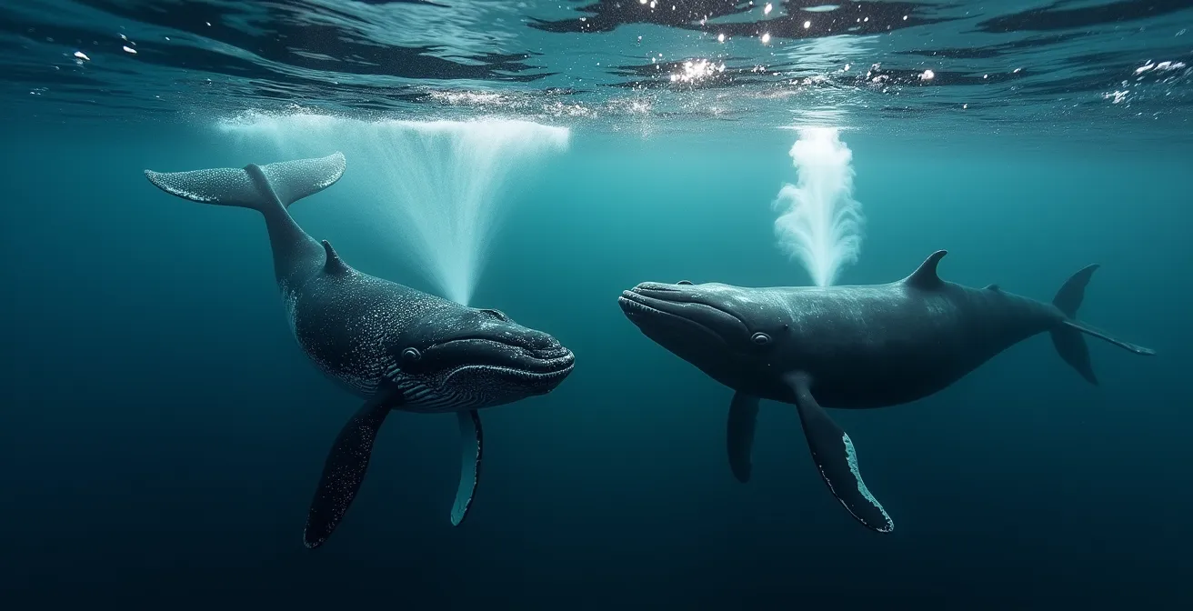 Vue aérienne montrant deux cétacés différents avec leurs souffles caractéristiques dans les eaux turquoises de La Réunion