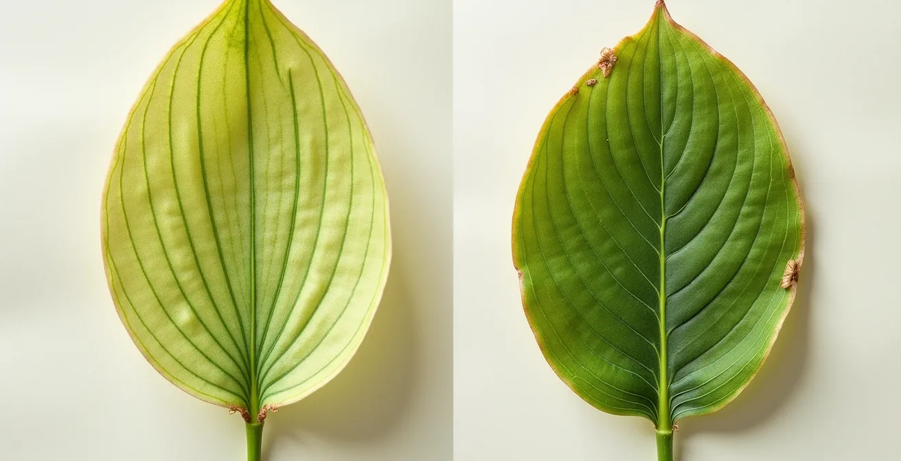 Gros plan comparatif de feuilles de Faham et d'Ayapana avec leurs textures et nervures distinctives