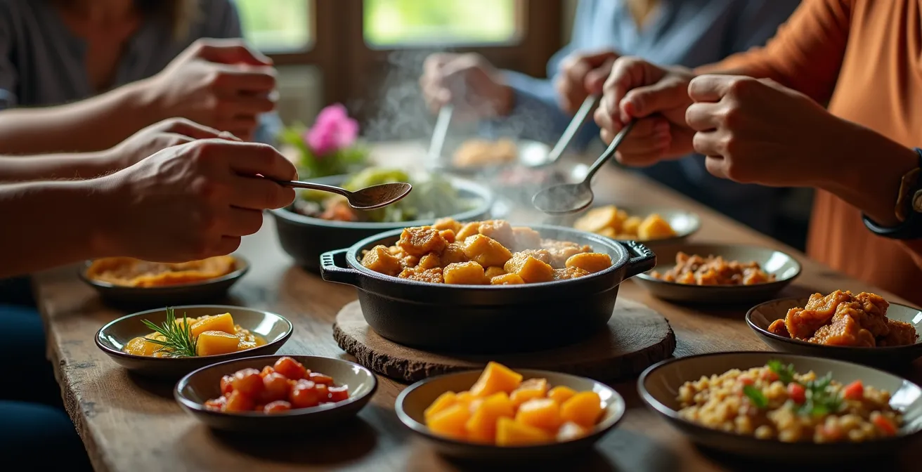 Gros plan sur des mains métissées partageant un plat de cari autour d'une table en bois