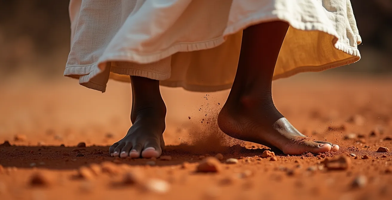 Gros plan sur les pieds et le bassin d'une danseuse de maloya montrant l'ancrage au sol caractéristique