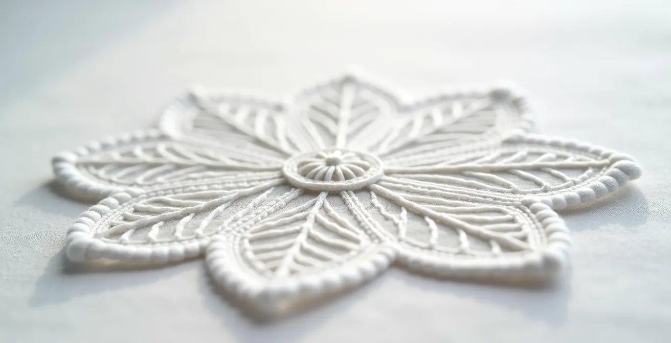 Vue macro d'une broderie Jours de Cilaos montrant les fils blancs entrelacés formant des motifs floraux délicats