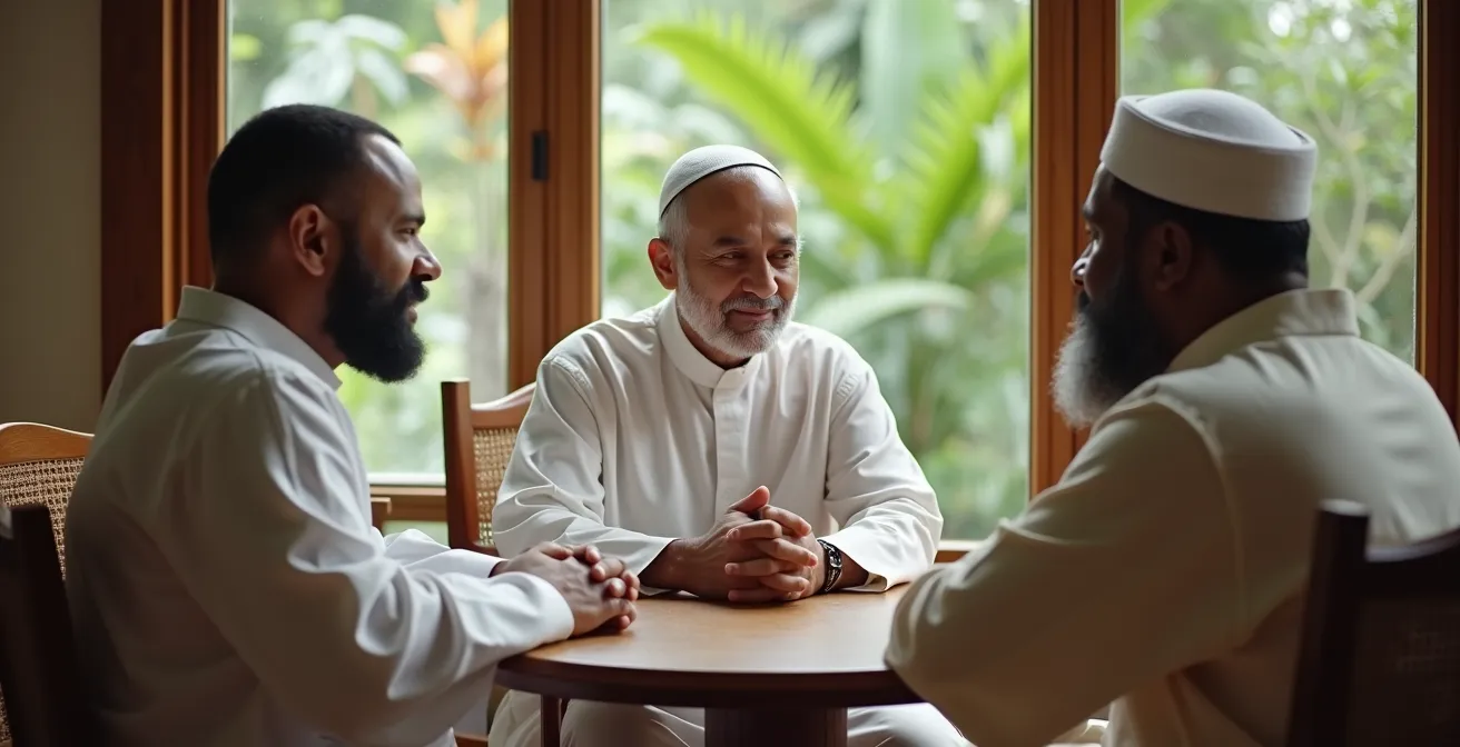 Portrait de leaders religieux réunionnais de différentes confessions en discussion autour d'une table ronde