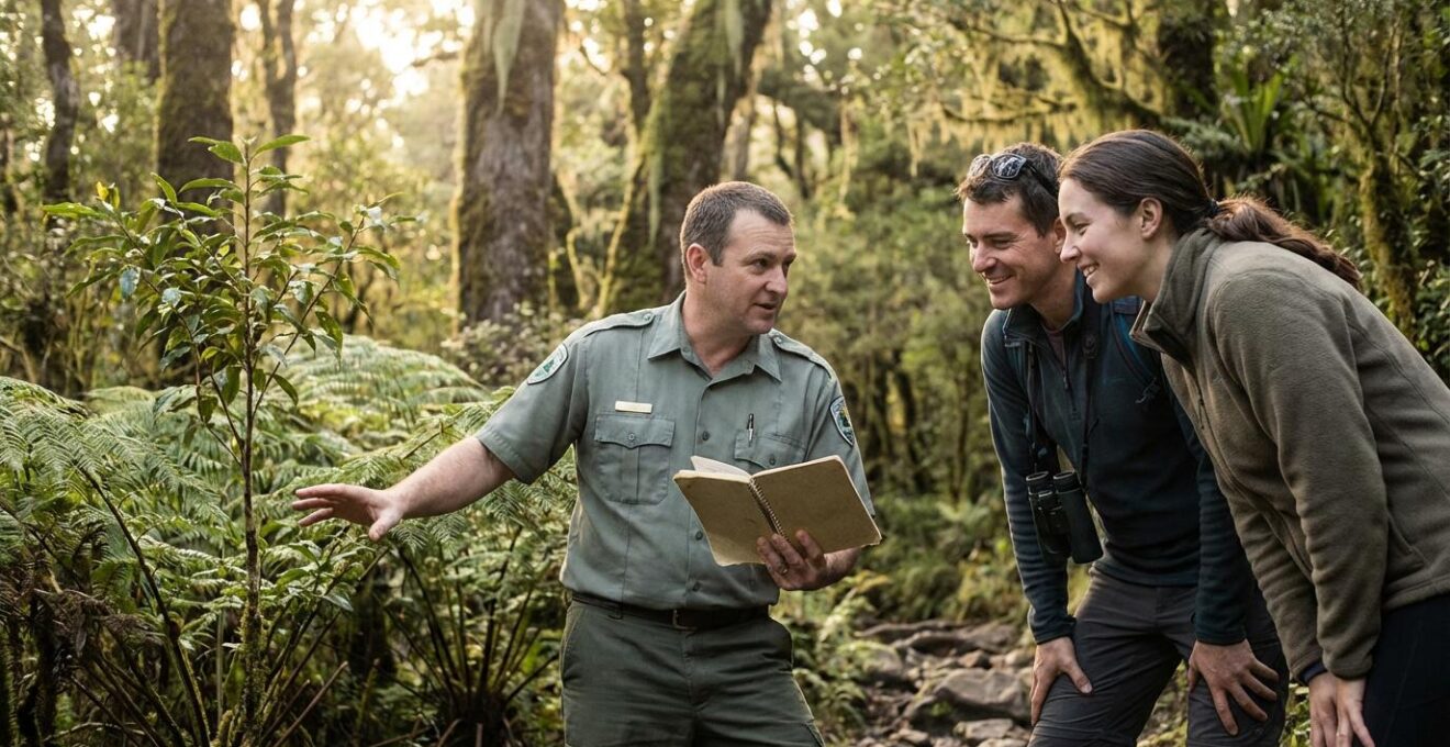 Éco-garde en discussion pédagogique avec des randonneurs sur un sentier de La Réunion
