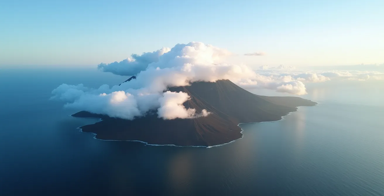 Vue aérienne montrant les nuages bloqués sur le versant Est du Piton de la Fournaise
