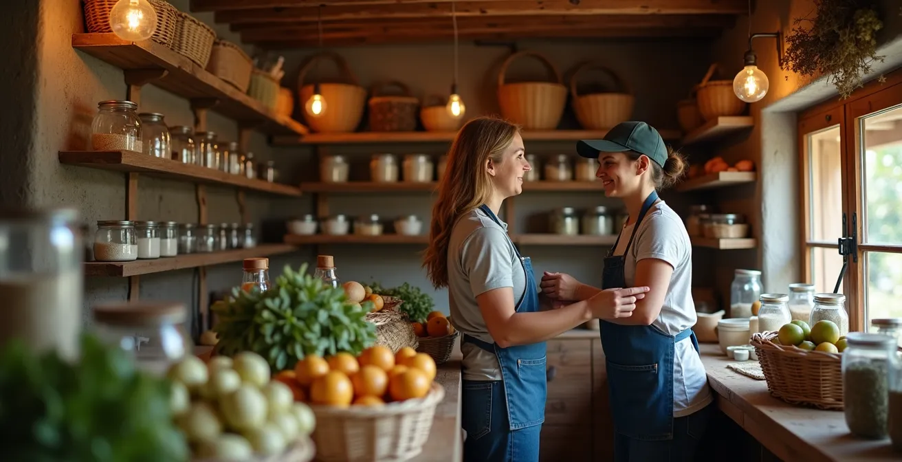 Intérieur rustique d'une petite épicerie de montagne à Mafate avec étagères de provisions