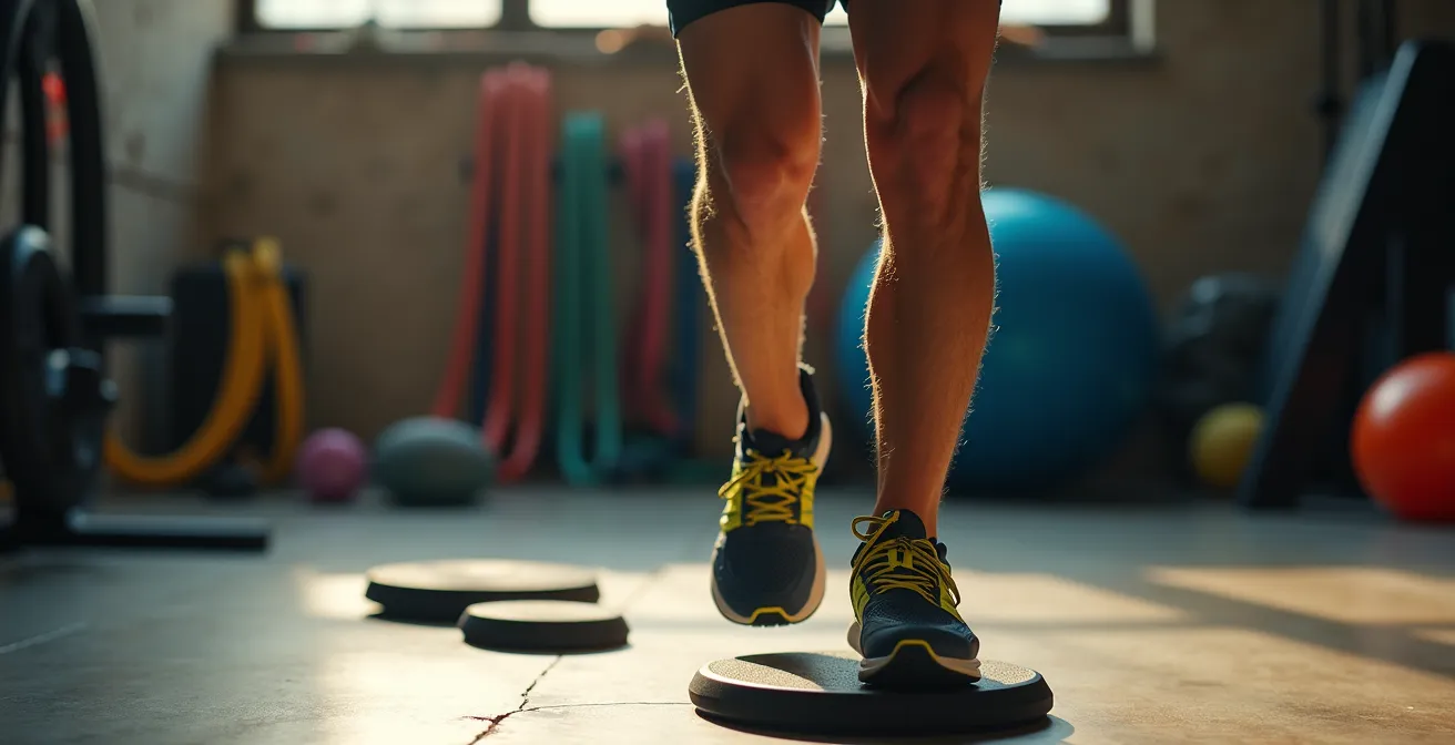 Athlète effectuant des exercices de proprioception sur surface instable en préparation au Grand Raid