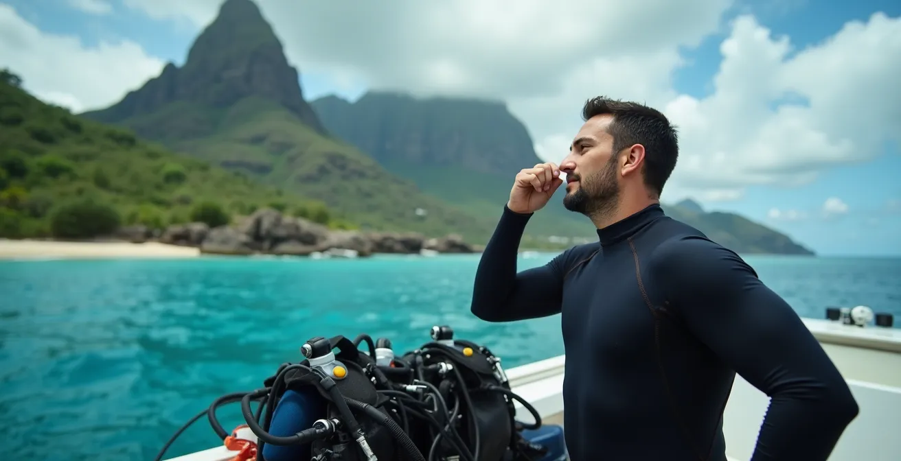 Plongeur pratiquant des exercices de déglutition sur le pont d'un bateau avec l'océan Indien en arrière-plan