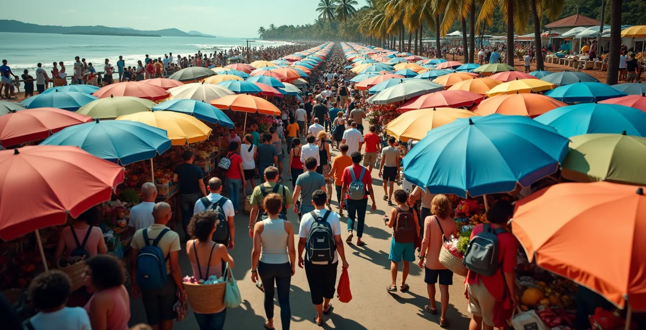 Vue aérienne de la foule dense dans les allées du marché sous les parasols multicolores