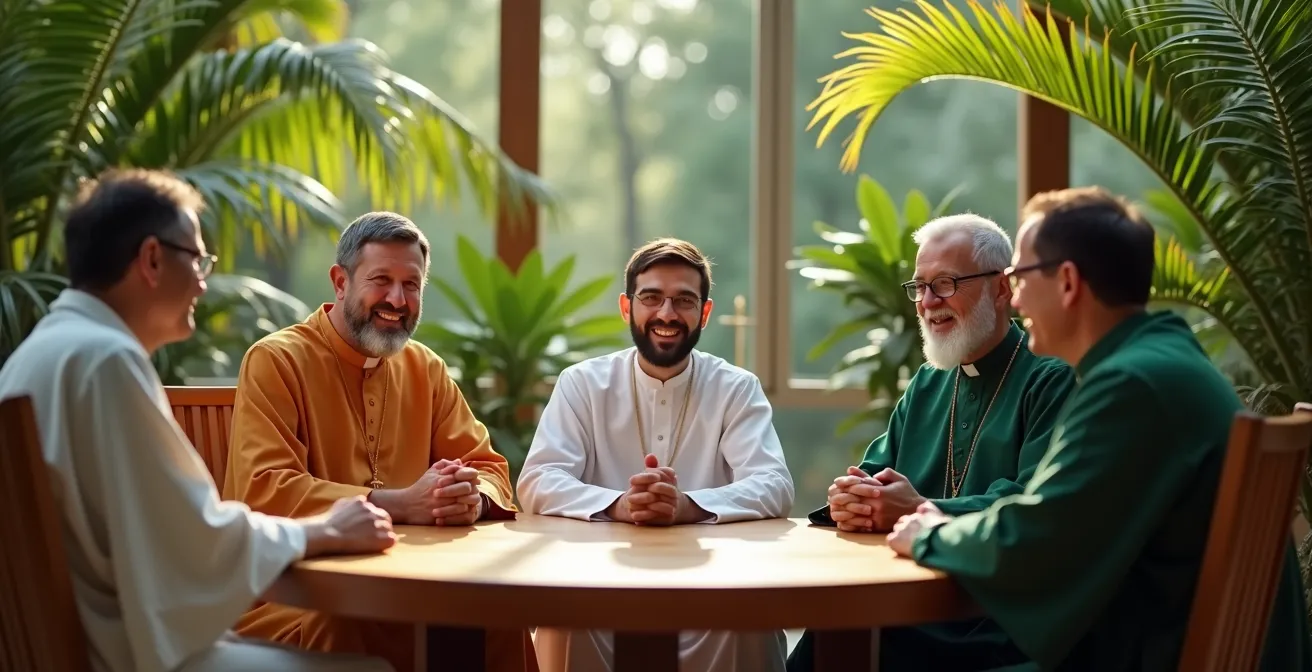 Leaders religieux de différentes confessions réunis autour d'une table ronde dans un jardin tropical