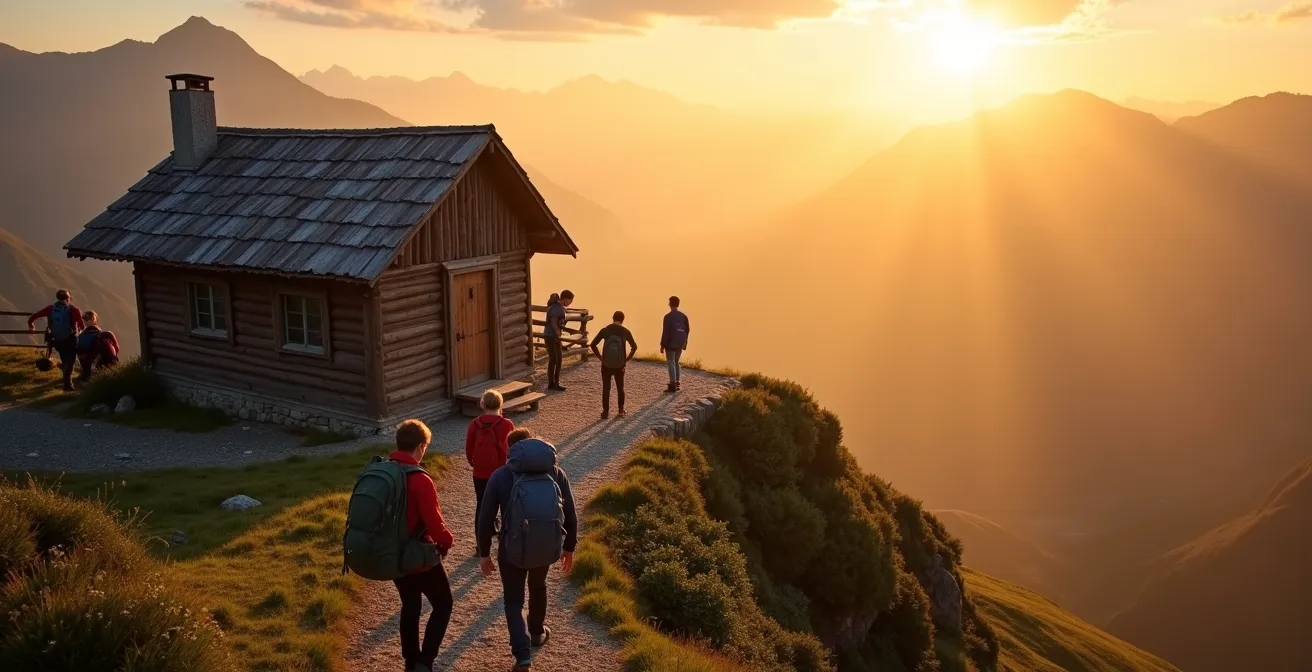 Gîte de montagne créole au coucher du soleil avec randonneurs sur la terrasse