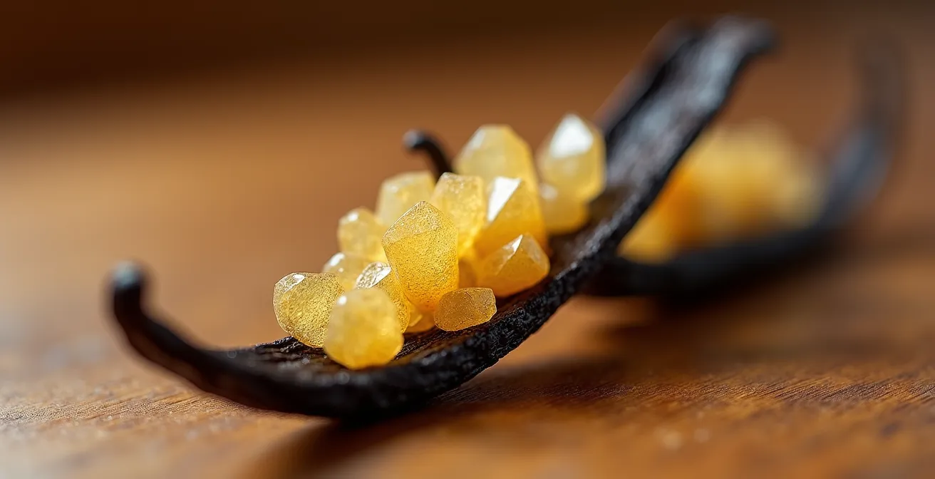 Cristaux de vanilline naturels formant un givrage blanc sur une gousse de vanille Bourbon mature