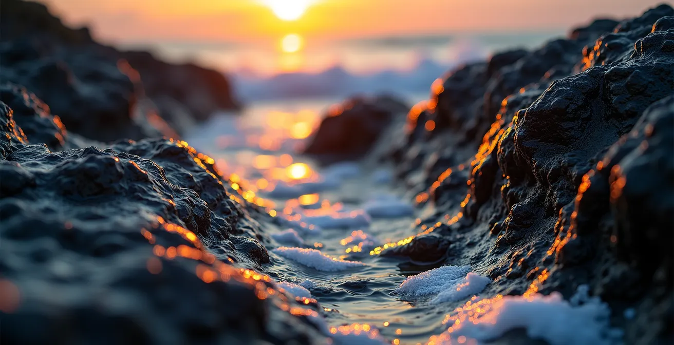Rochers volcaniques du Cap Homard baignés dans la lumière dorée du coucher de soleil