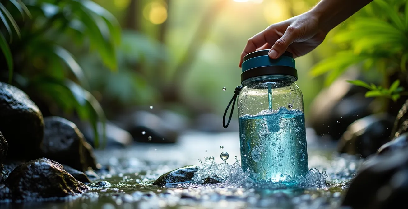 Gros plan d'une gourde filtrante en action près d'une source d'eau claire dans Mafate