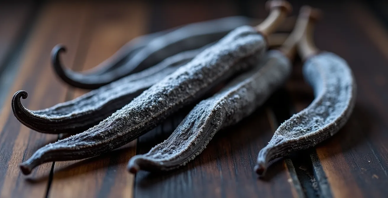 Gousses de vanille givrée de La Réunion avec cristallisation naturelle visible en gros plan