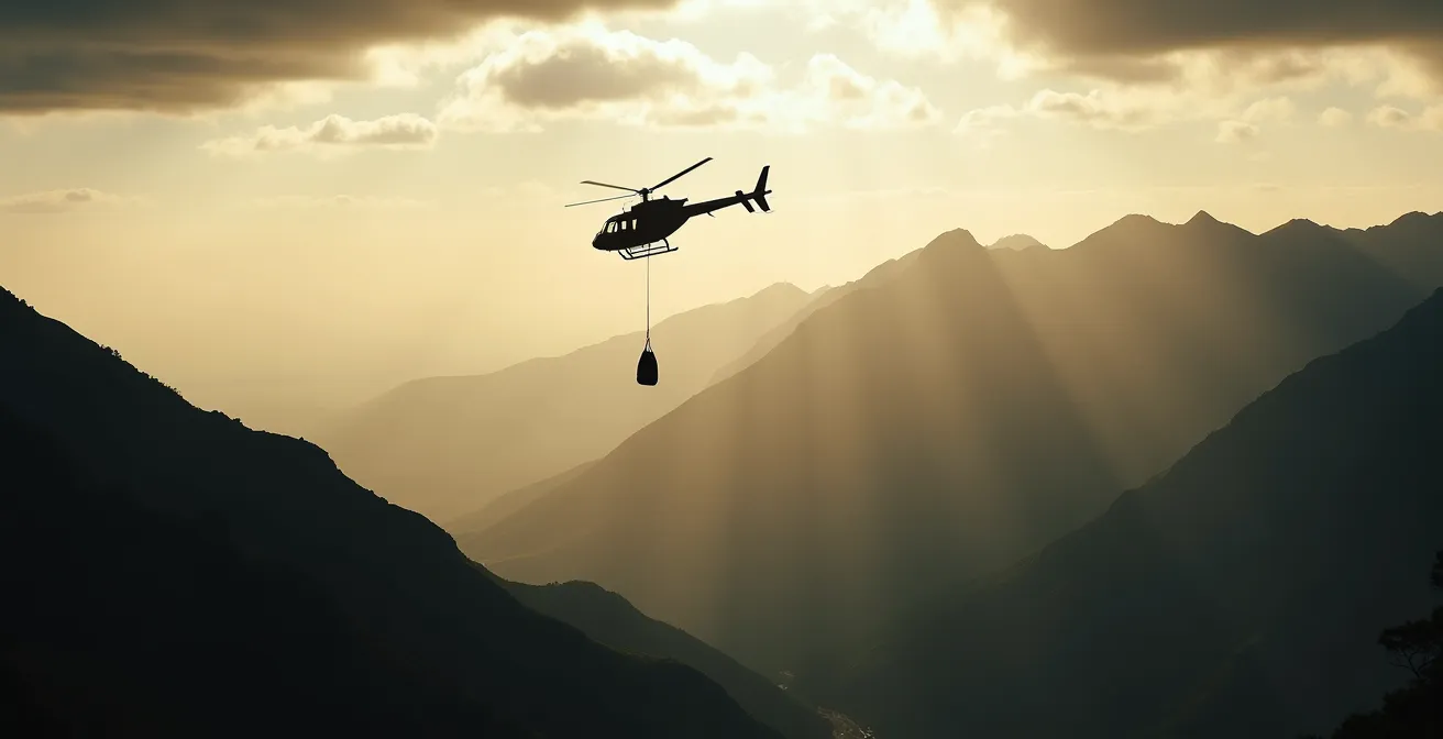 Hélicoptère transportant un big bag de déchets au-dessus des remparts de Mafate