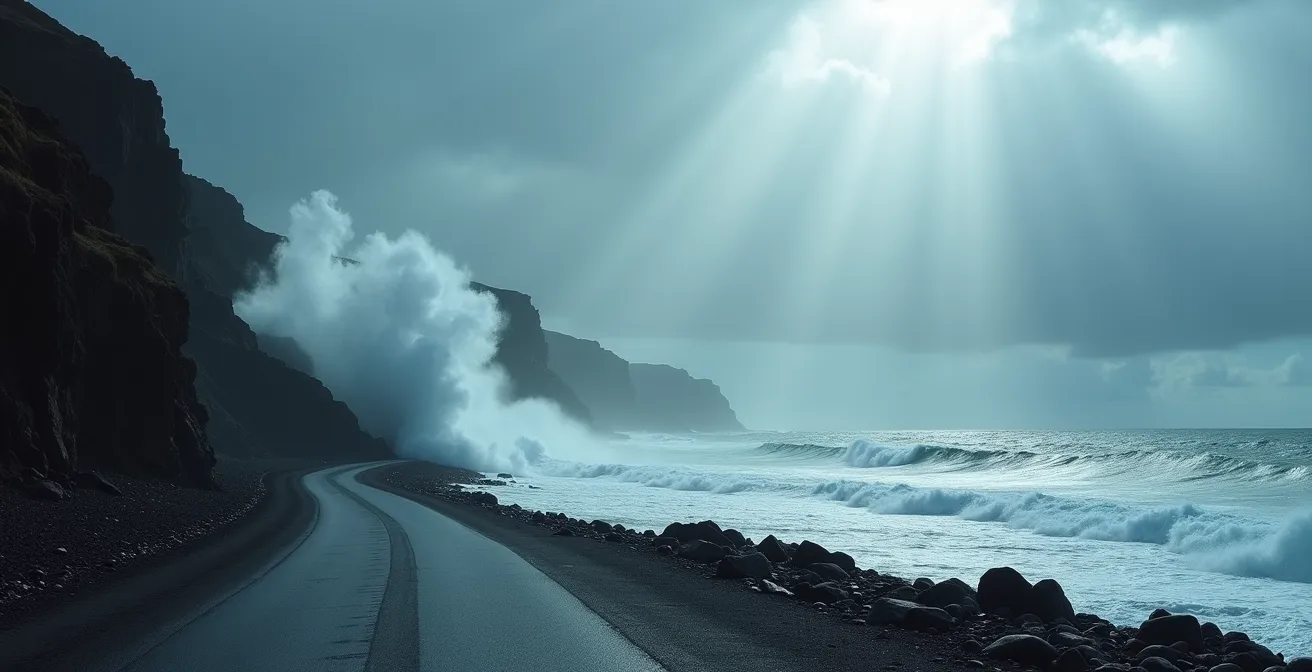 Vagues géantes déferlant sur la côte rocheuse de La Réunion pendant une alerte cyclonique
