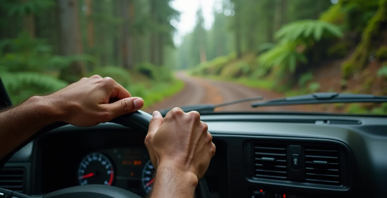 Mains agrippées à la poignée de sécurité d'un 4x4 sur piste cahoteuse