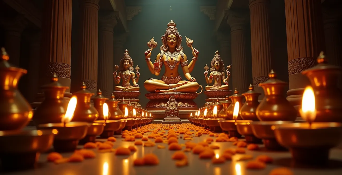 Intérieur d'un temple tamoul avec statues de divinités et offrandes