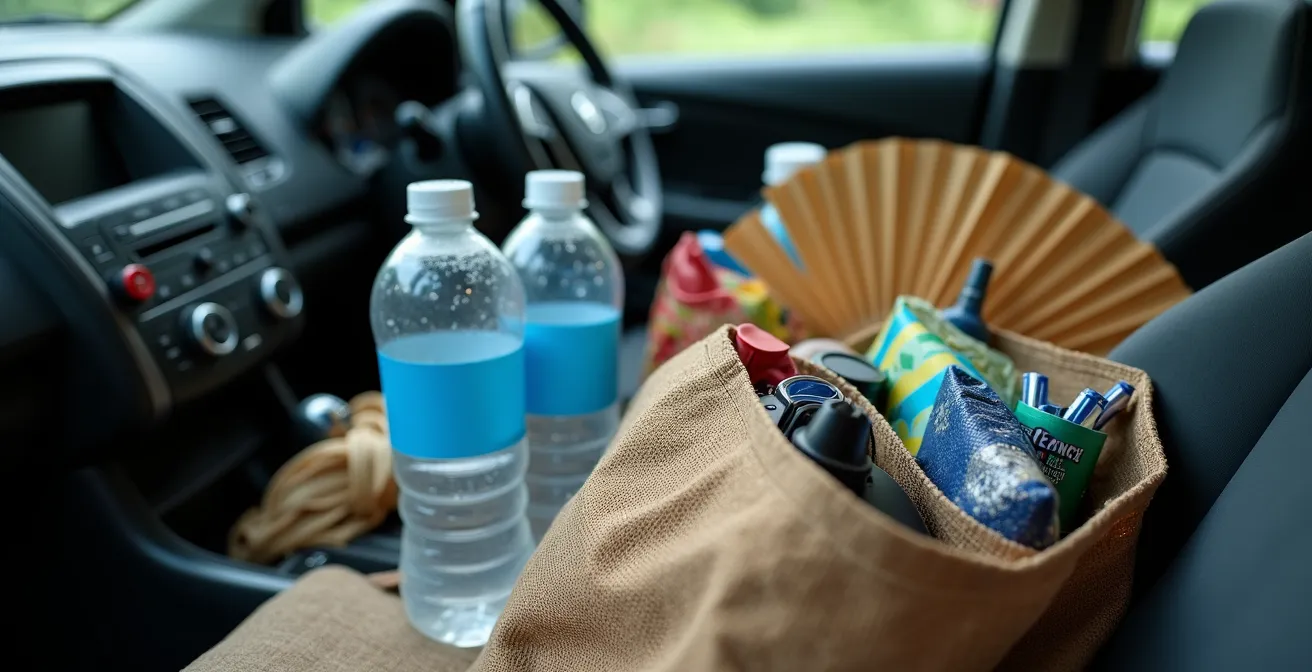 Kit d'urgence organisé dans une voiture avec bouteilles d'eau et snacks locaux