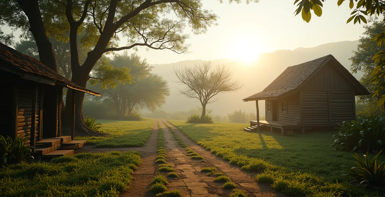 Vue large d'un jardin créole traditionnel avec arbres fruitiers endémiques et case créole en arrière-plan