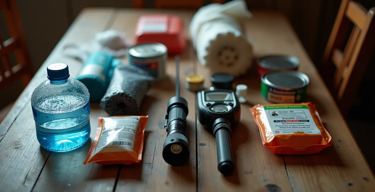 Kit de survie cyclone organisé dans un gîte isolé de La Réunion avec lampes, radio et réserves d'eau