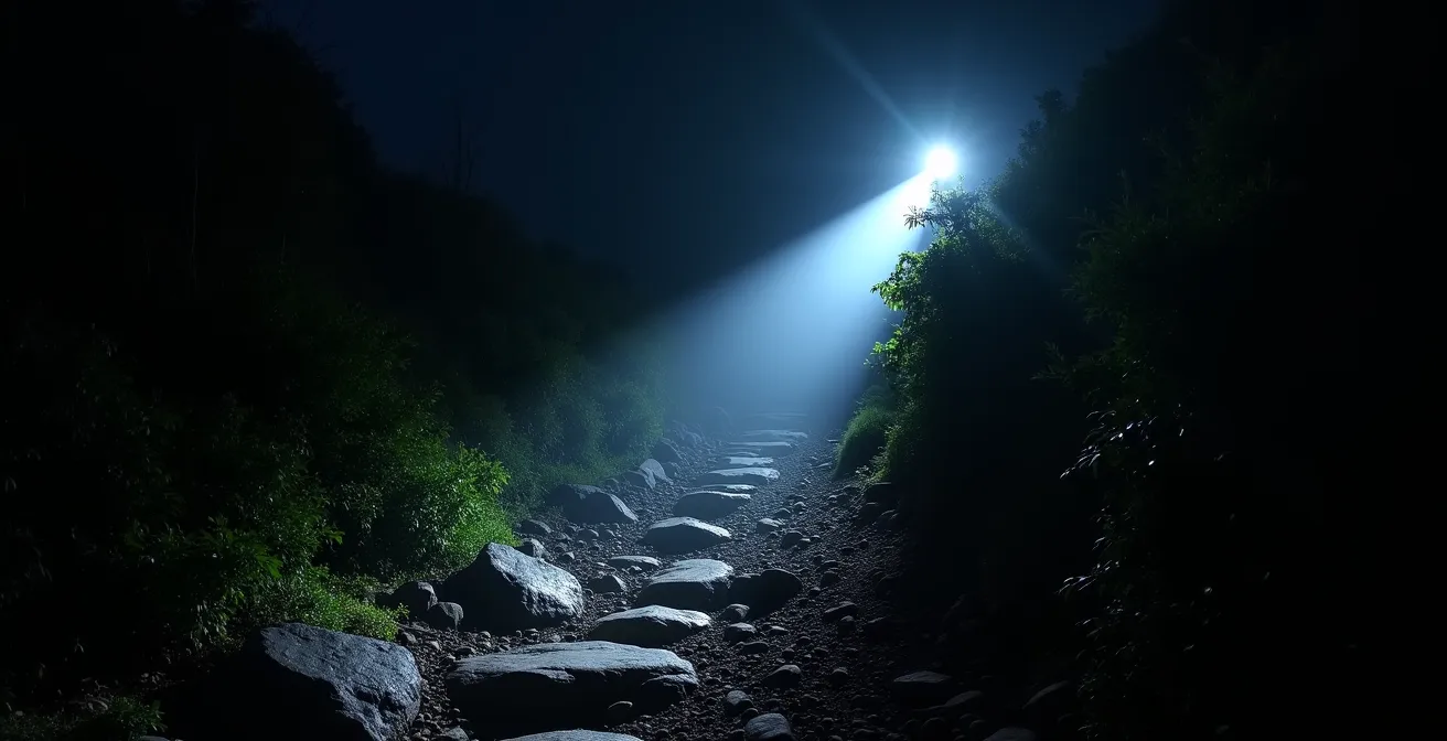 Faisceau lumineux d'une lampe frontale éclairant un sentier de montagne rocheux dans l'obscurité totale