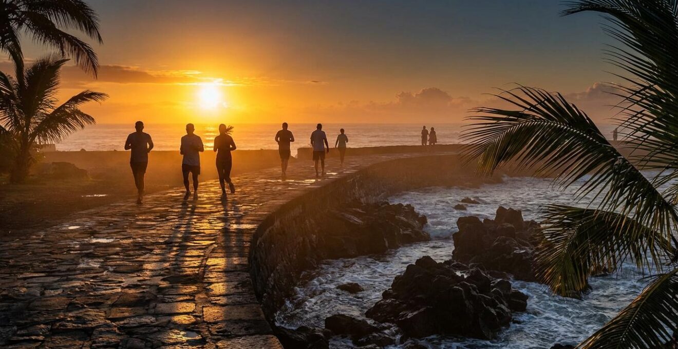 Vue du front de mer du Barachois à Saint-Denis au lever du soleil avec promeneurs matinaux
