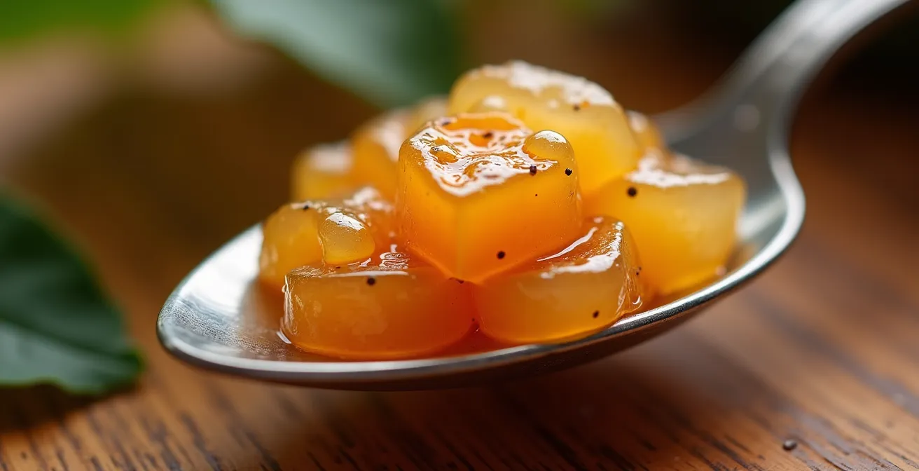 Vue macro d'une cuillère de confiture de goyavier artisanale montrant la texture et les morceaux de fruits