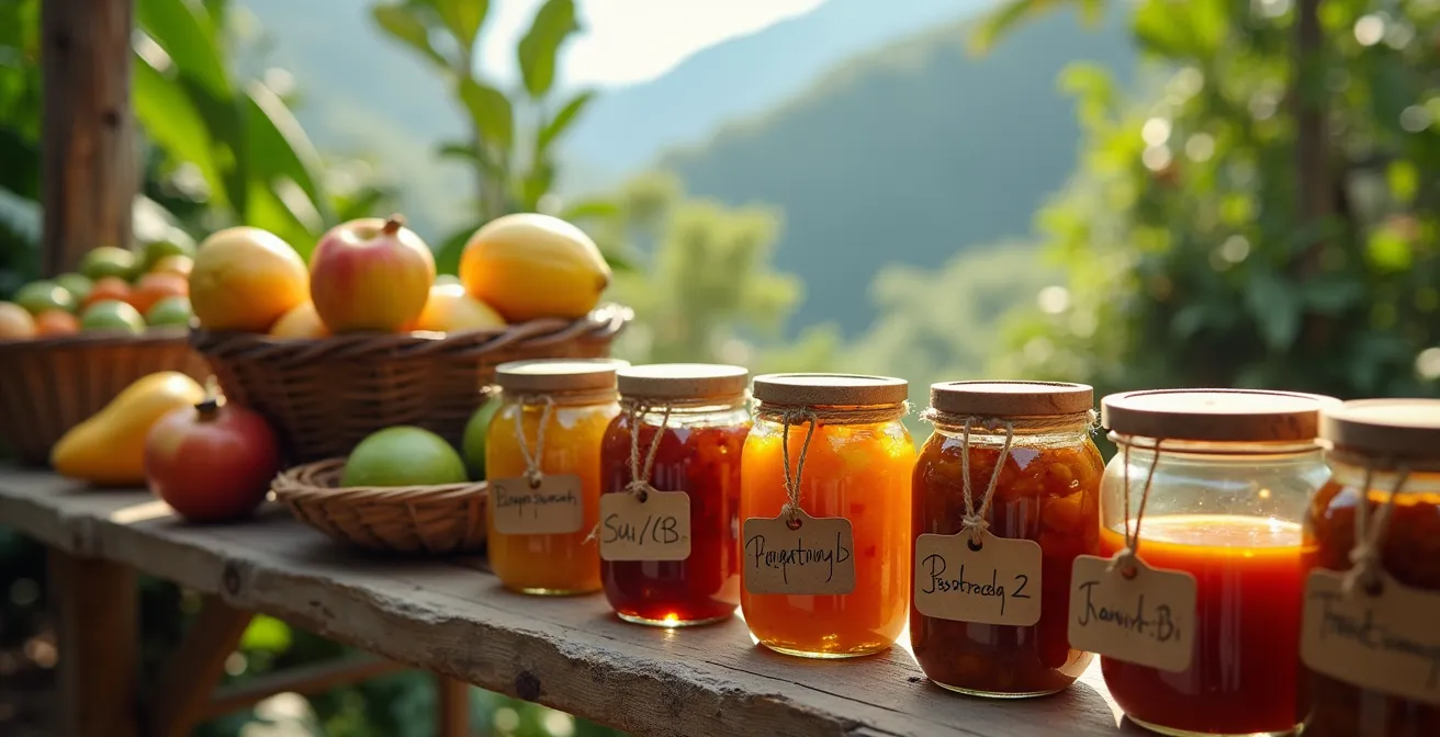 Stand de confitures artisanales dans un marché forain des Hauts de La Réunion