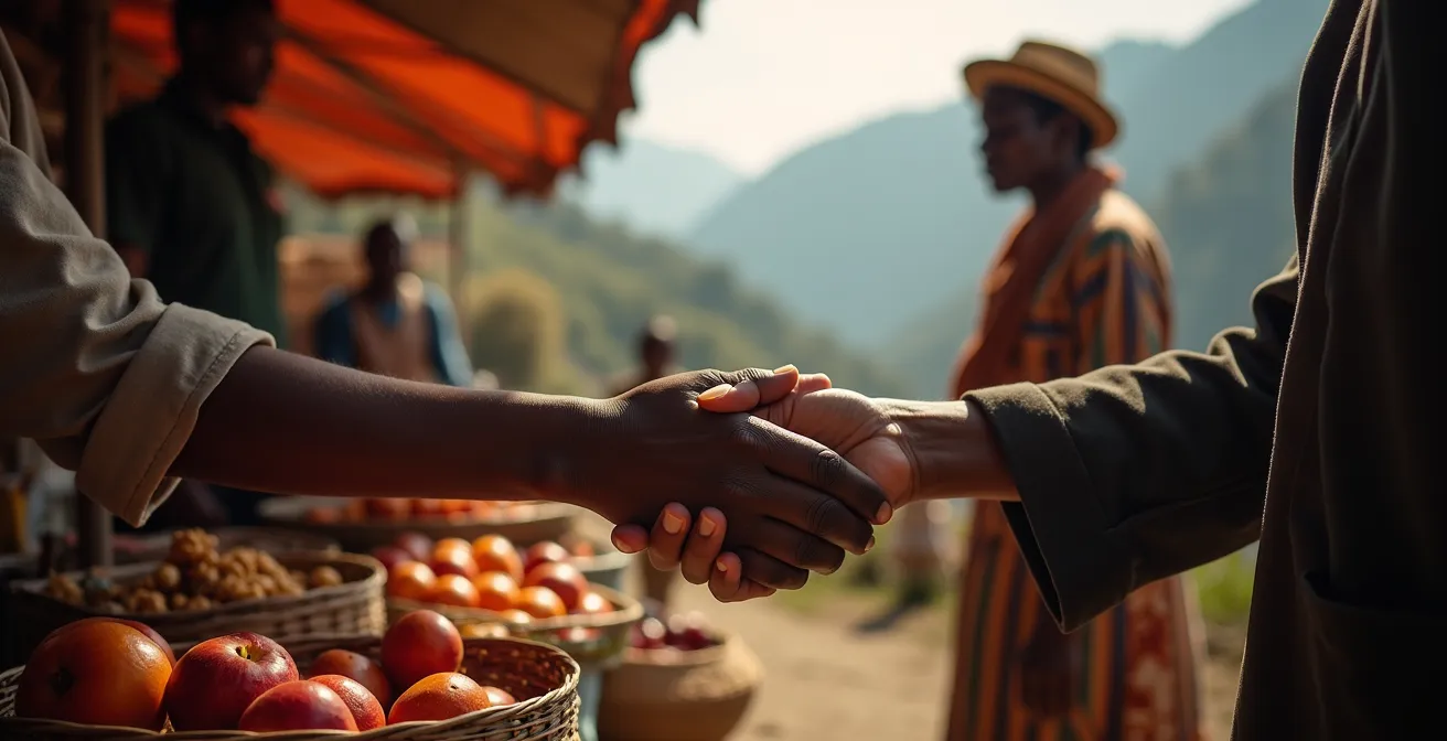 Marché local dans le cirque de Cilaos avec échanges entre voyageurs et habitants