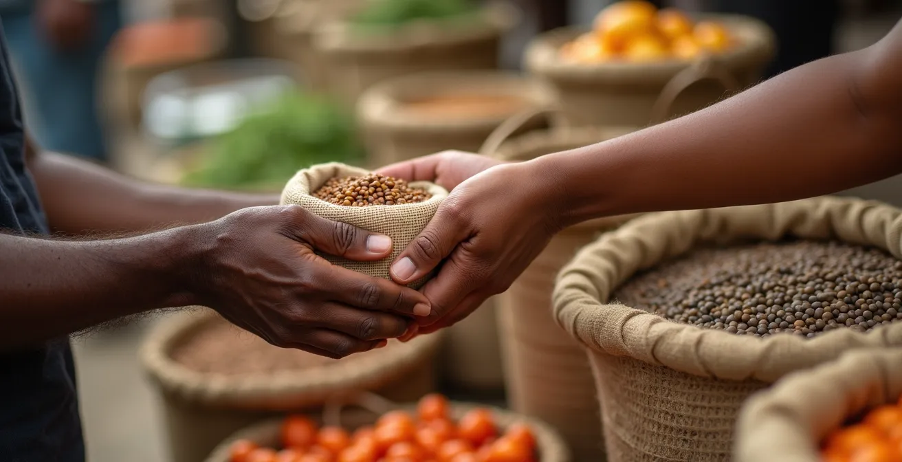 Mains échangeant un sac de lentilles de Cilaos sur un étal de marché traditionnel