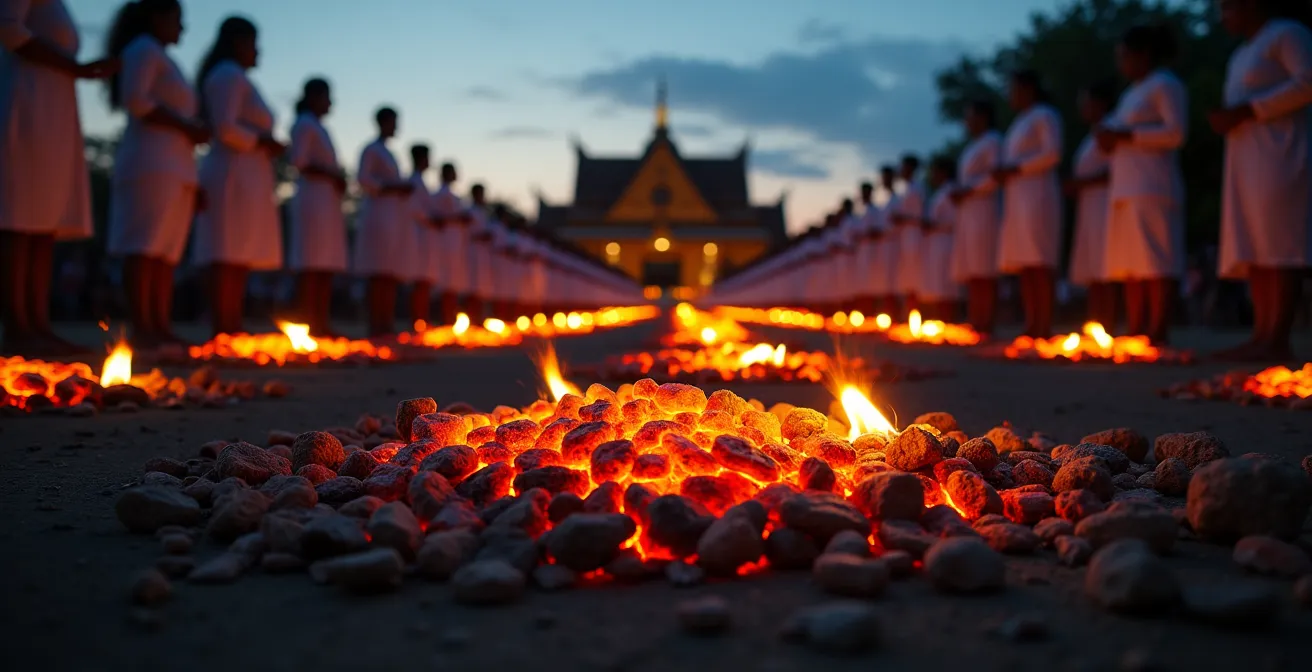 Cérémonie religieuse tamoule avec brasier incandescent lors d'une marche sur le feu à La Réunion