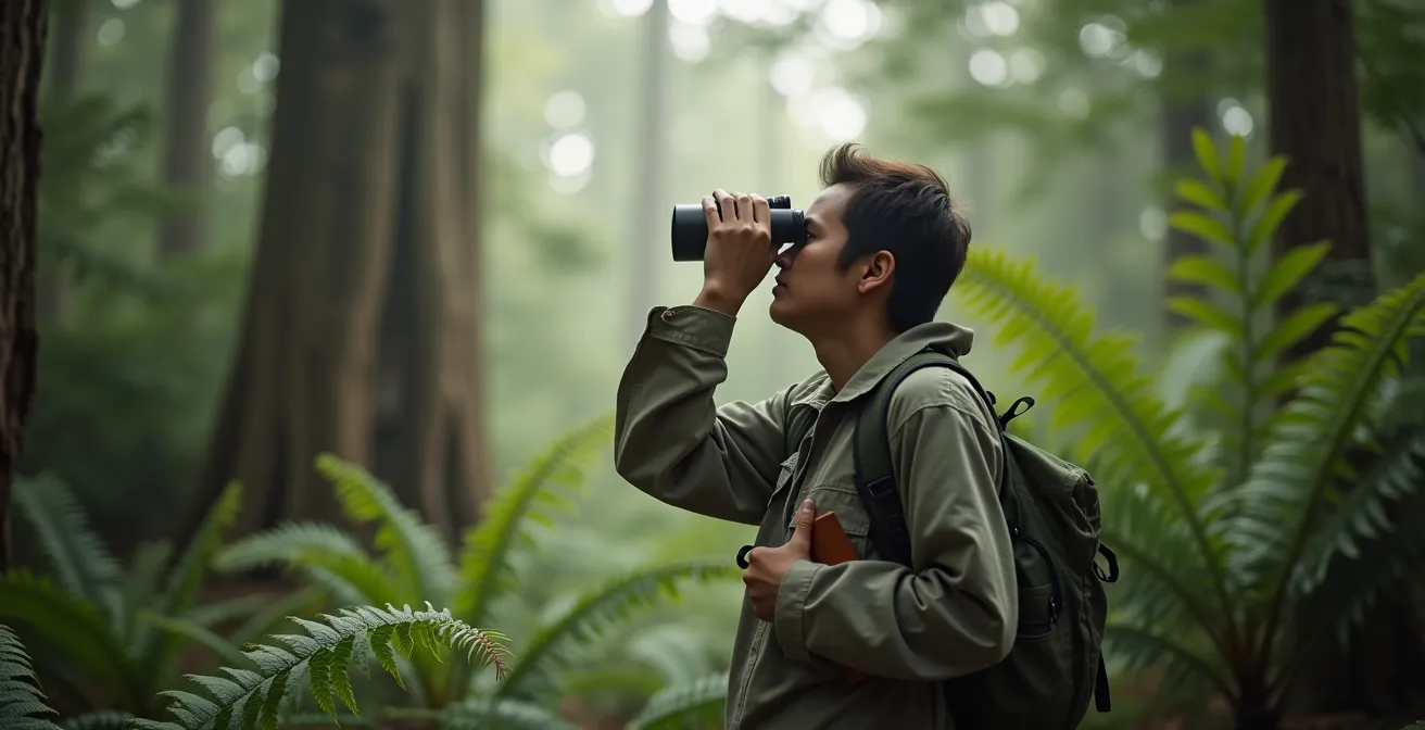 Naturaliste observant discrètement la canopée avec des jumelles dans une forêt tropicale réunionnaise