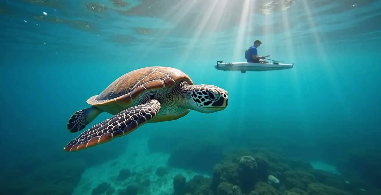 Vue sous-marine d'une tortue marine nageant paisiblement avec l'ombre d'un kayak à distance respectueuse