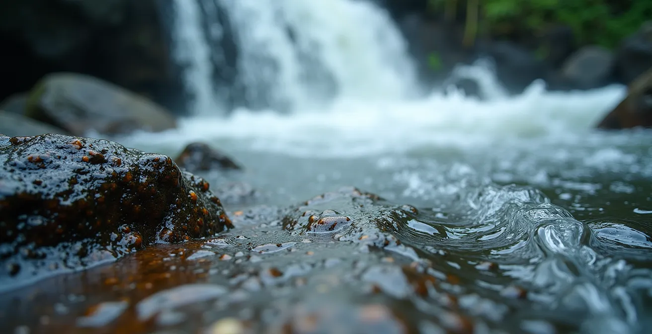 Zone de baignade en cascade avec rochers et courants visibles