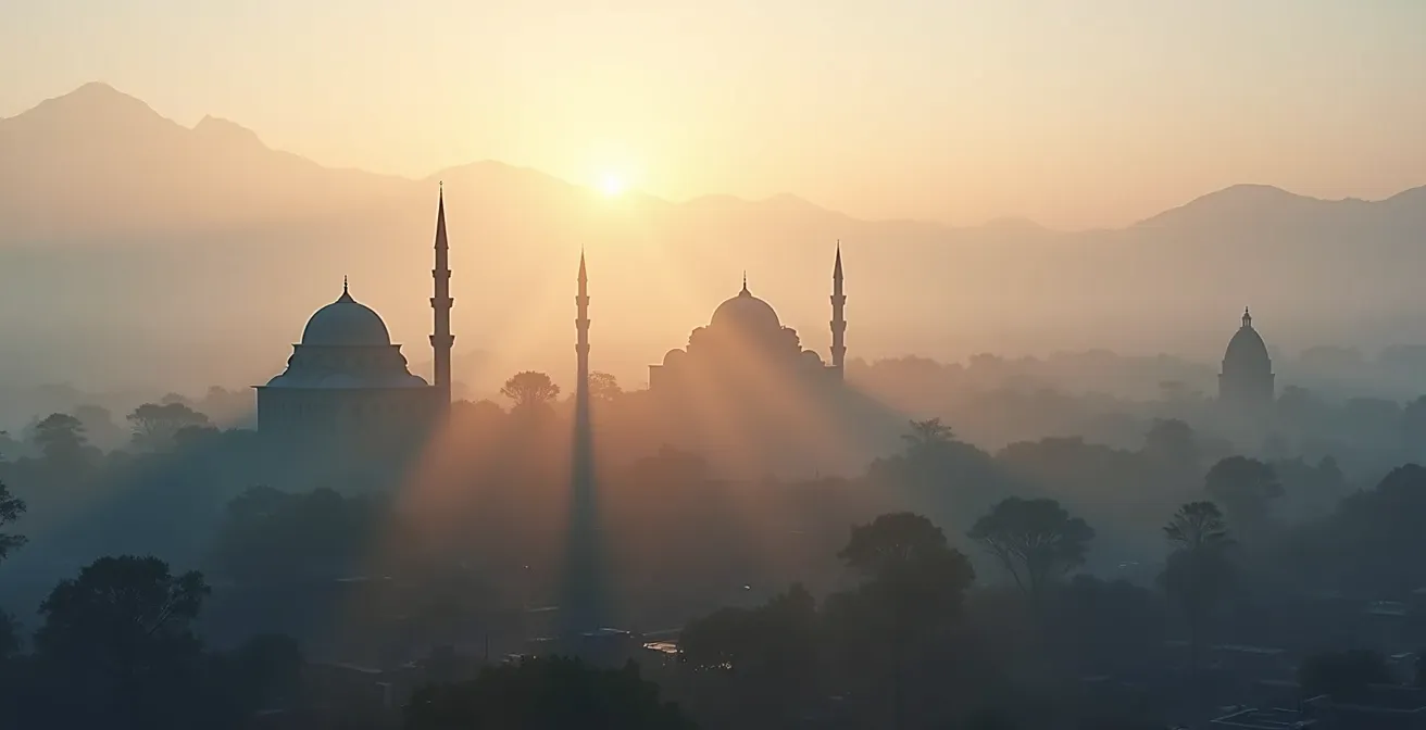 Vue aérienne du centre de Saint-Denis montrant la proximité de la cathédrale, de la mosquée et du temple